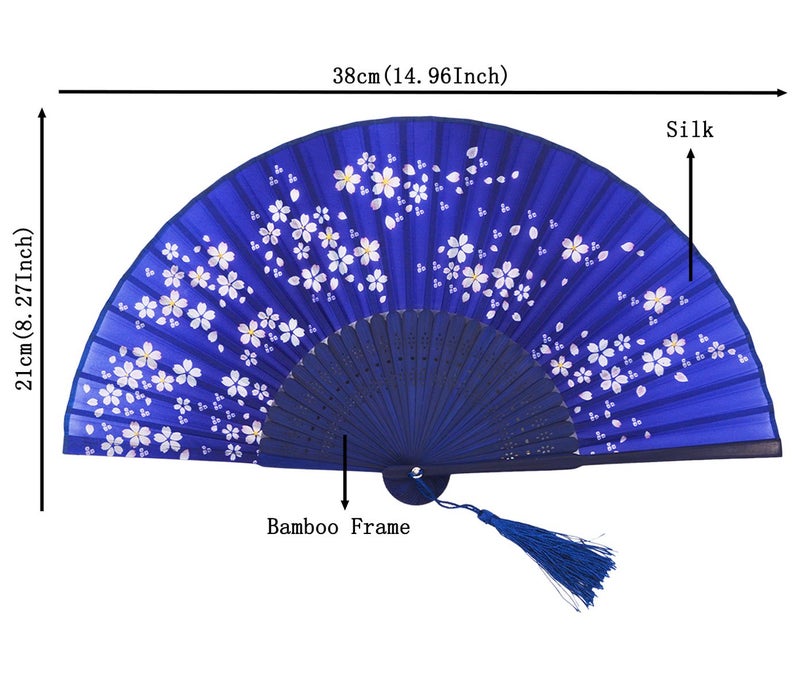 Amajiji 8.27"(21cm) Hand Held Bamboo Silk Folding Fan Hand Fan,Chinese/Japanese Charming Elegant Vintage Retro Style,Women Ladys Girls Best Gifts (Blue) - Image 2
